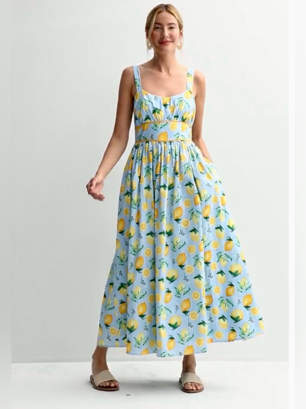 MAISON TARA Sleeveless Lemon Print Maxi Dress